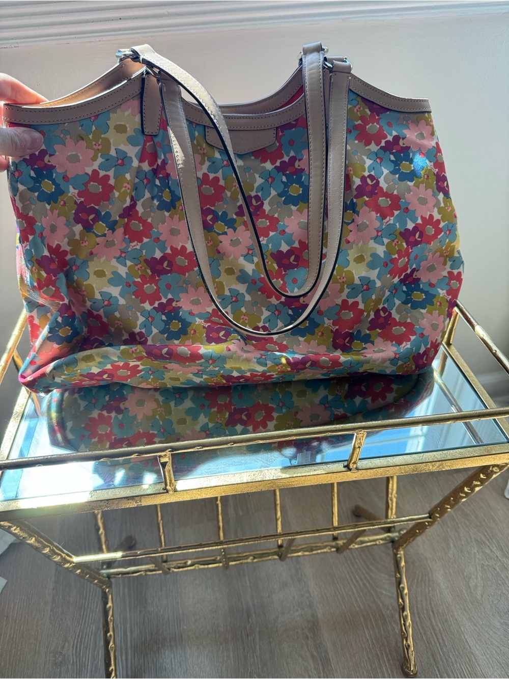 Coach Floral Canvas Tote with Neutral Trim - Pink, Blue, Green